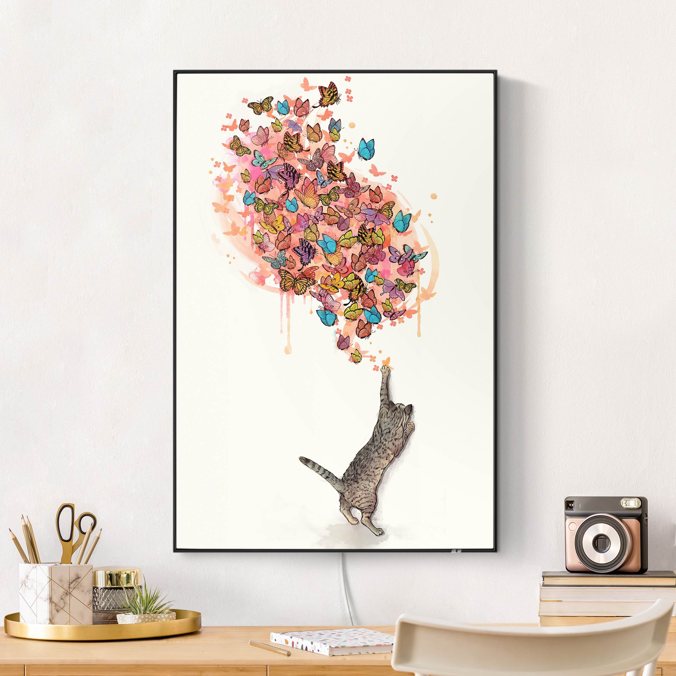 LED-Wechselbild Illustration Katze mit bunten Schmetterlingen Malerei günstig online kaufen