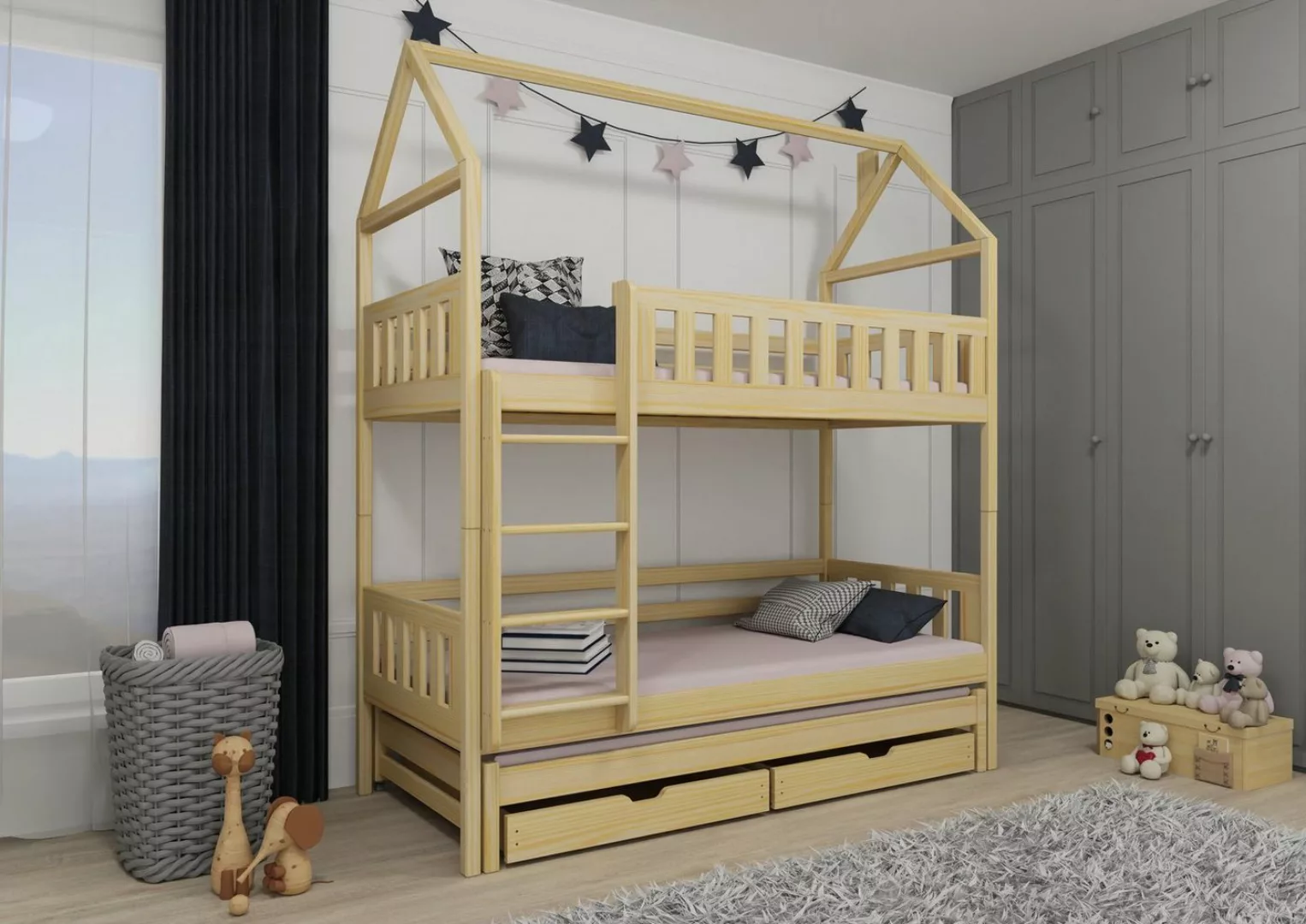 Fun Möbel Hochbett Etagenbett Hausbett Kinderbett KITTY (200x90cm, 3 Schlaf günstig online kaufen