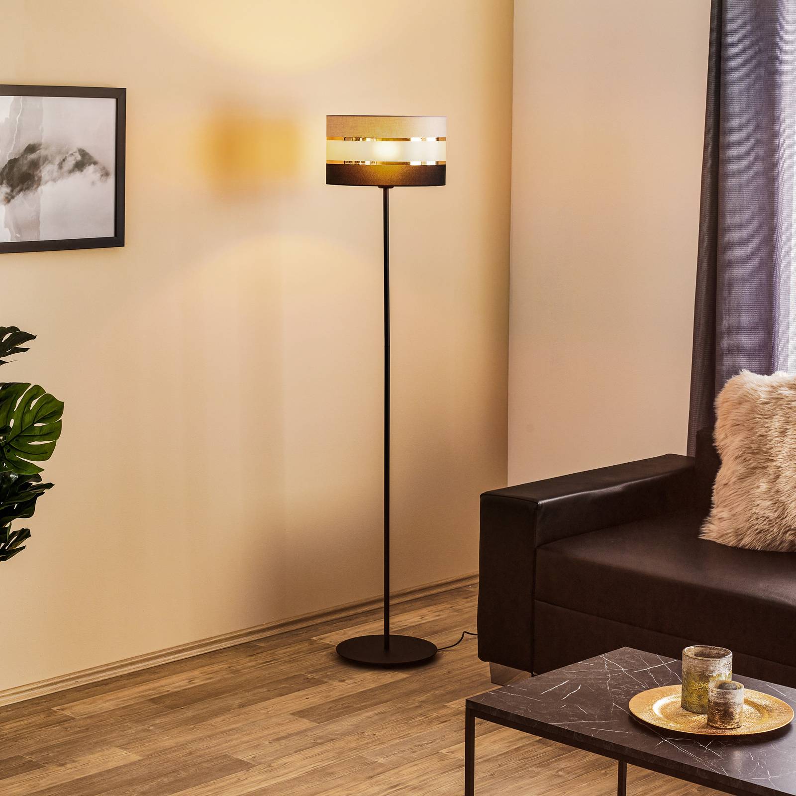Stehlampe Helen mit Textilschirm grau-schwarz-gold günstig online kaufen