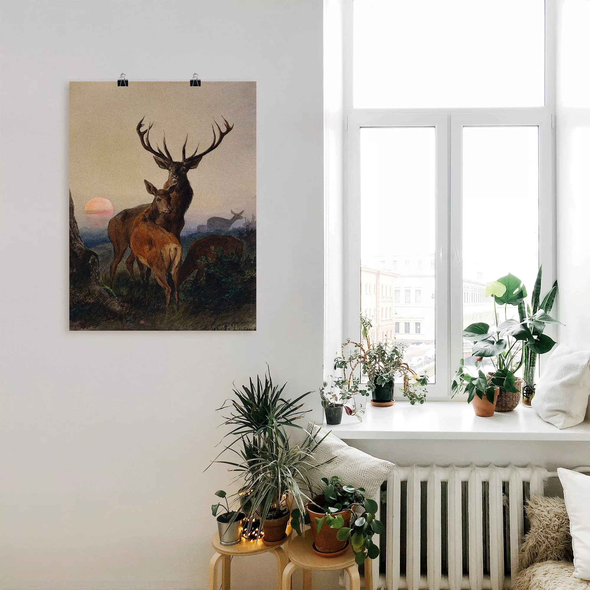 Artland Wandbild »Hirsch und ein Reh bei Sonnenuntergang«, Wildtiere, (1 St günstig online kaufen