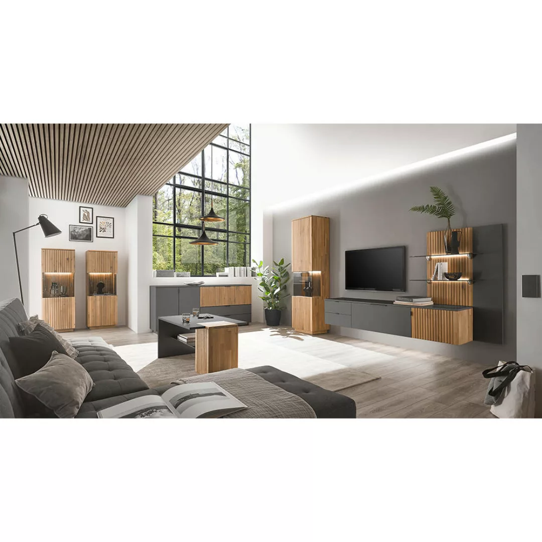 Wohnzimmermöbel Wohnwand 7-teilig modern anthrazit Eiche massiv LUCERA-52 i günstig online kaufen