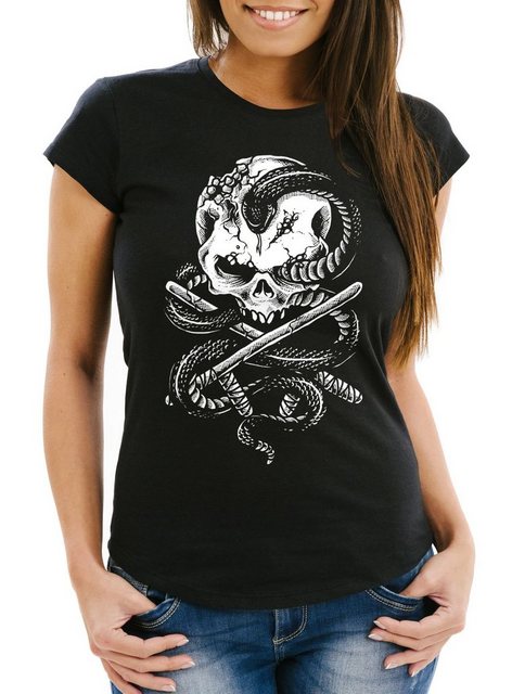Neverless Print-Shirt Damen T-Shirt Totenkopf Schlange Skull Snake Slim Fit günstig online kaufen