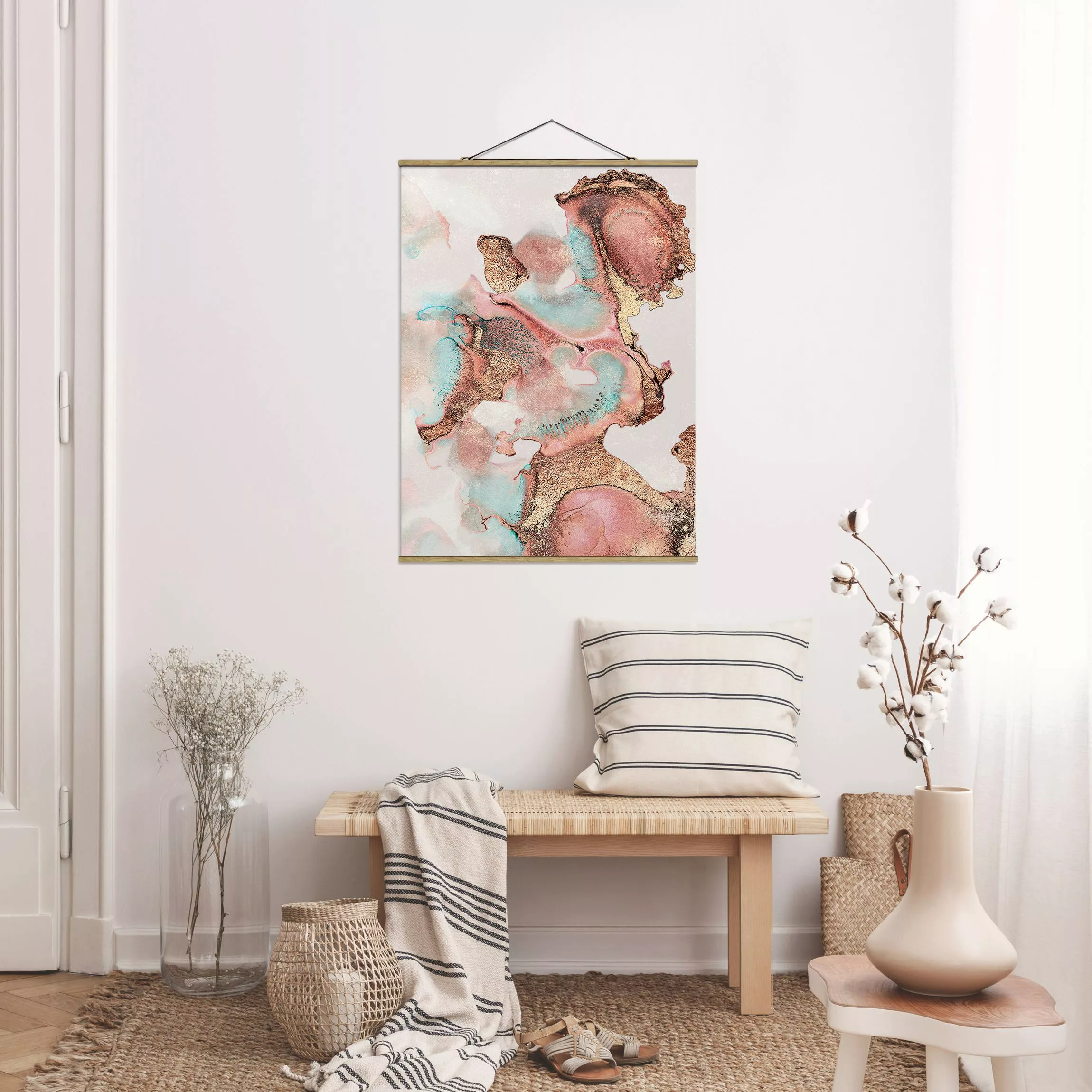 Stoffbild Abstrakt mit Posterleisten - Hochformat Goldenes Aquarell Rosé günstig online kaufen