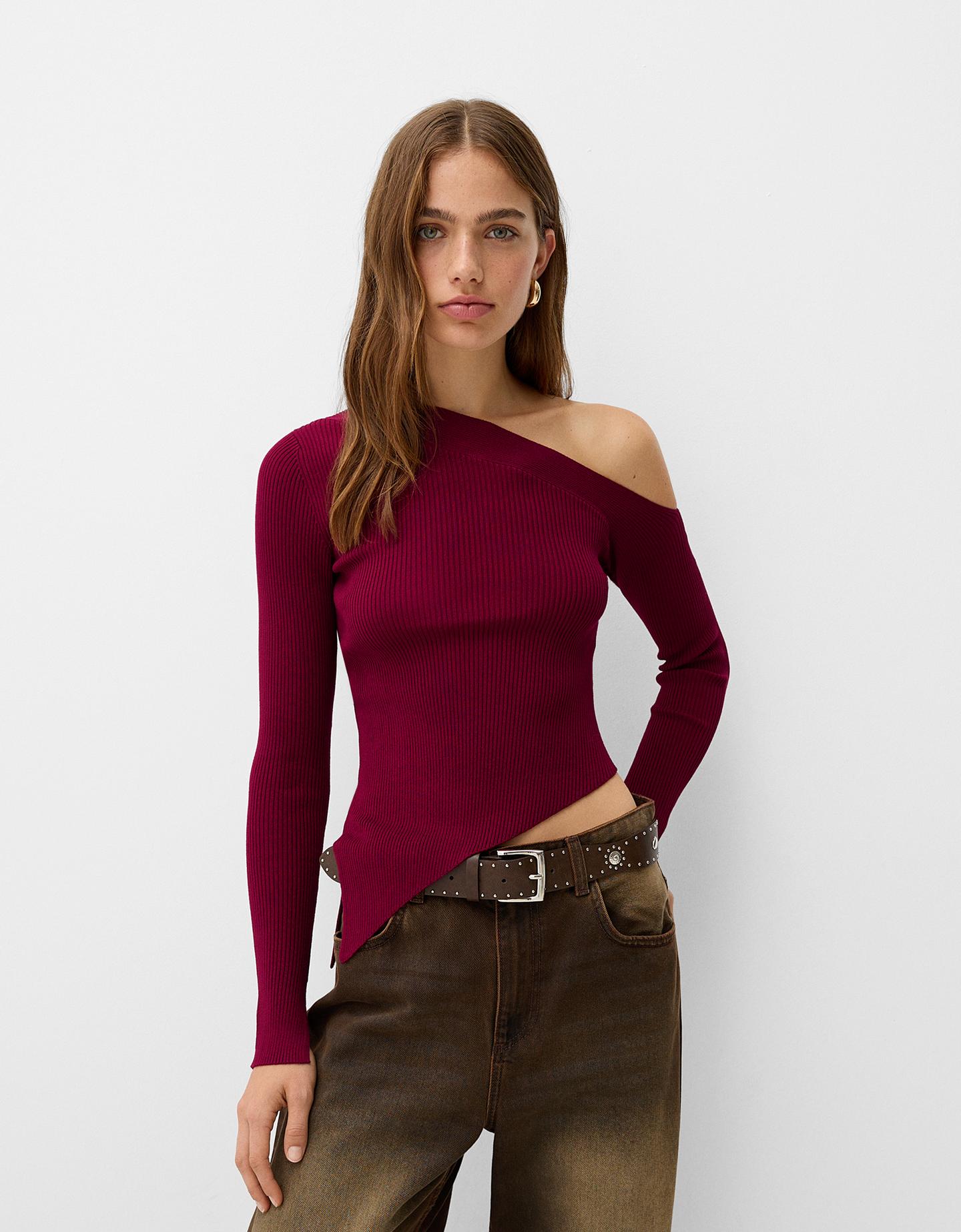 Bershka Asymmetrischer Rippenstrick-Pullover Damen Xs Weinrot günstig online kaufen