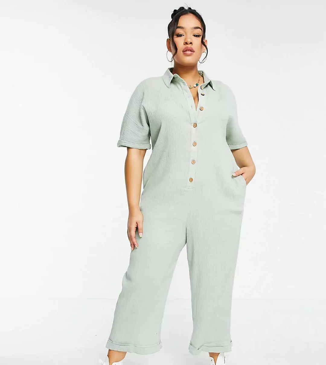 ASOS DESIGN Curve – Jumpsuit zum Reinschlüpfen mit Knopfleiste in Salbeigrü günstig online kaufen