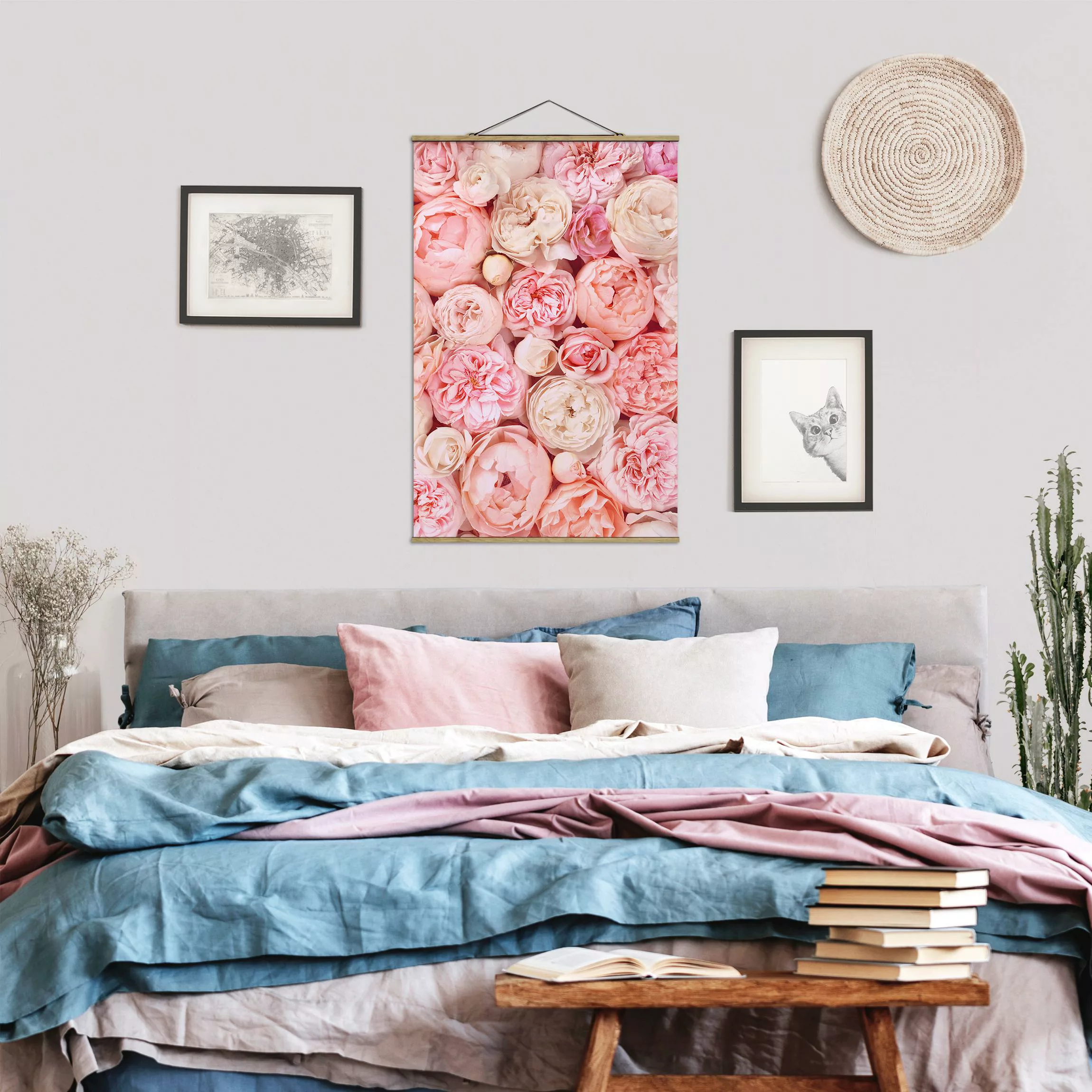 Stoffbild Blumen mit Posterleisten - Hochformat Rosen Rosé Koralle Shabby günstig online kaufen