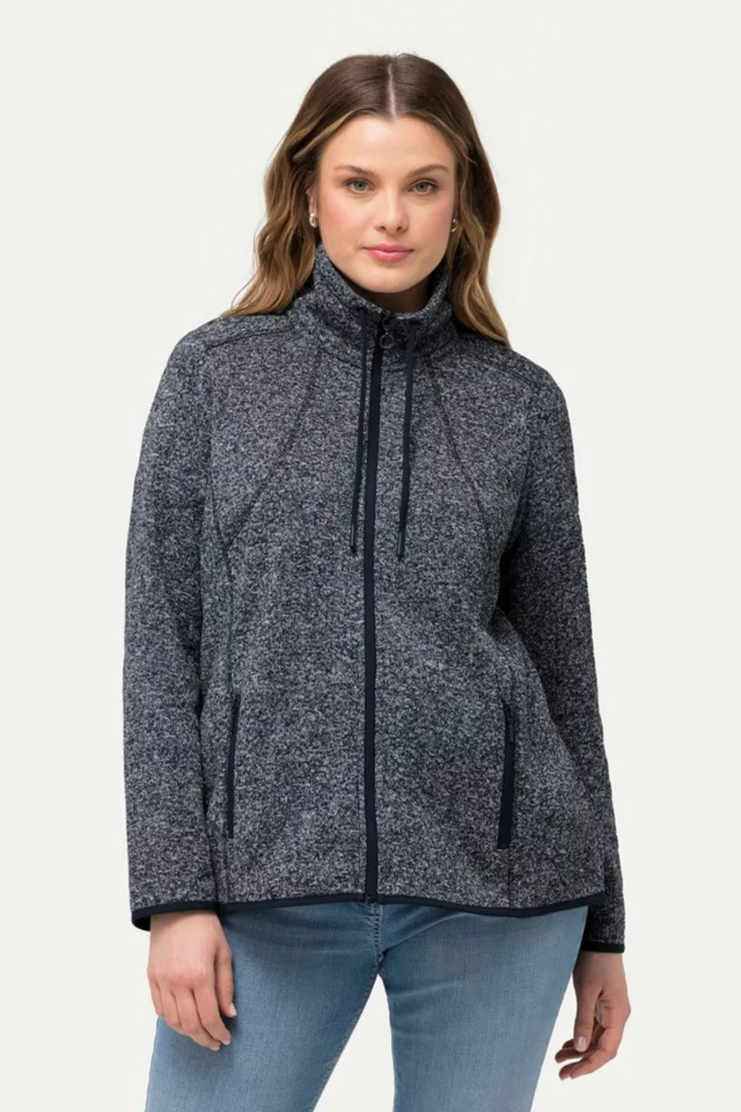 Ulla Popken Sweatjacke Strickfleece-Jacke Rauten Stehkragen Zipptaschen günstig online kaufen