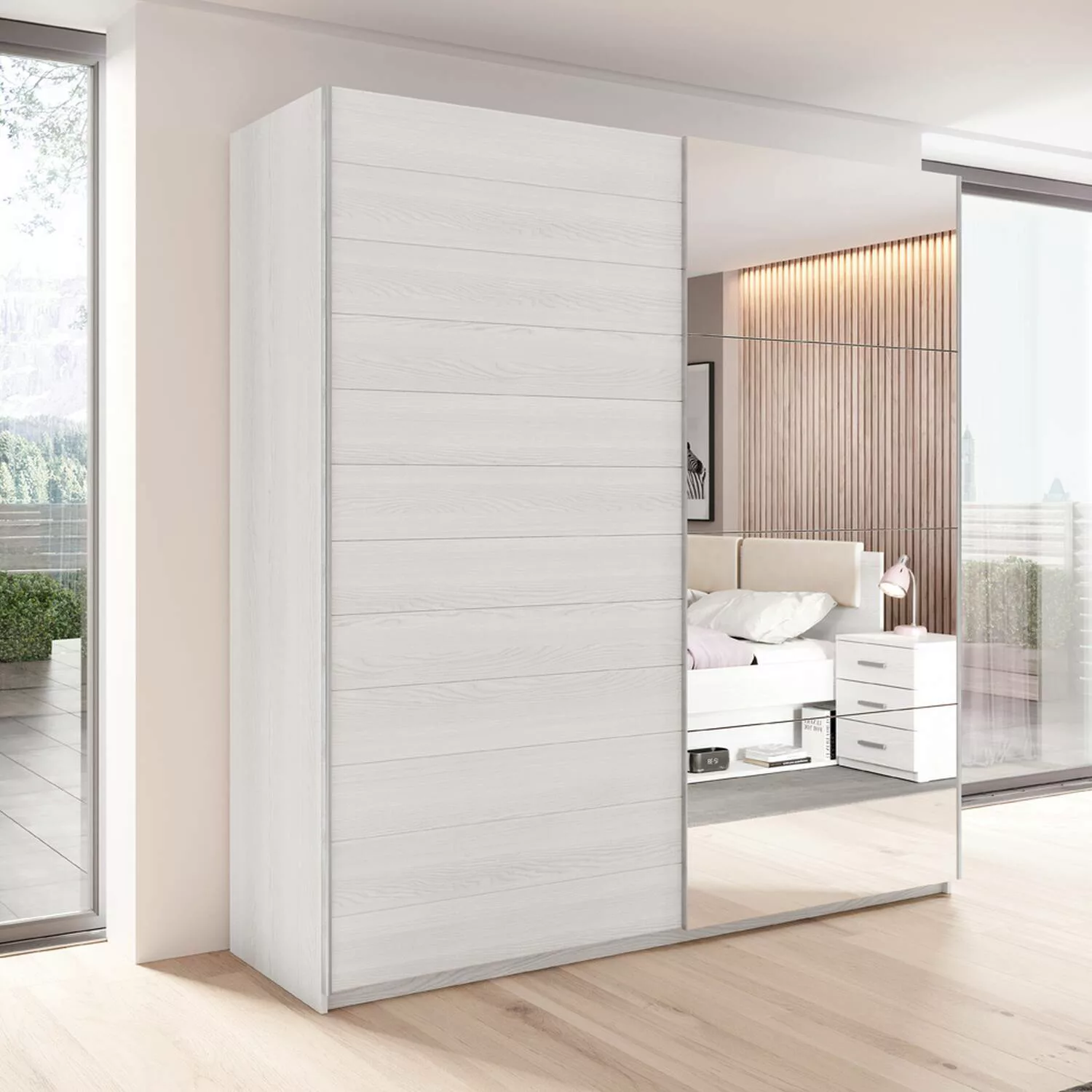 Schlafzimmer Schwebetürenschrank 200 cm breit mit Spiegel in Abisko Eiche N günstig online kaufen