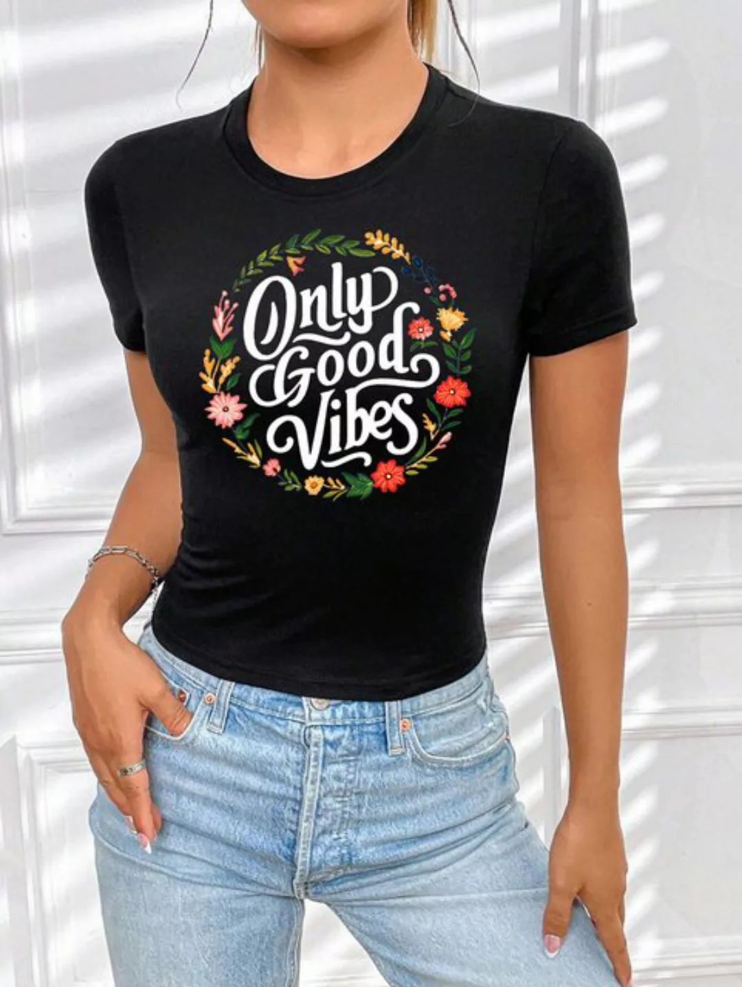 RMK T-Shirt Damen Shirt Bluse kurzarm Rundhals coolen Aufdruck "Good Vibes günstig online kaufen