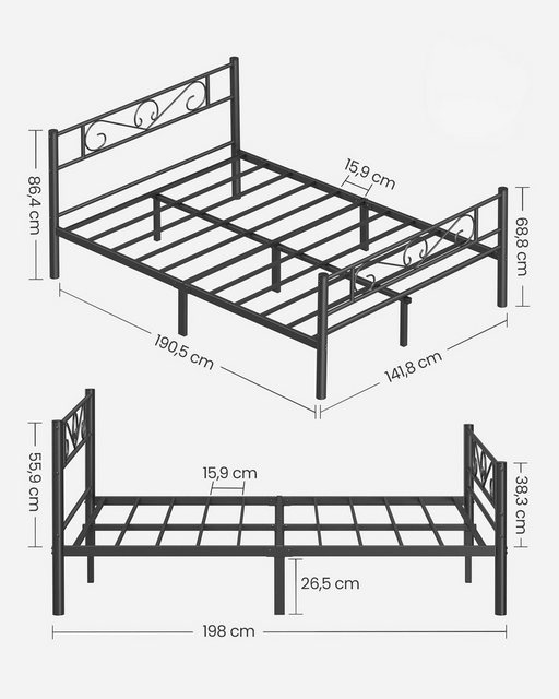 VASAGLE Bettgestell (140 x 190 cm), aus Metall, Bettrahmen, hochtragfähig, günstig online kaufen