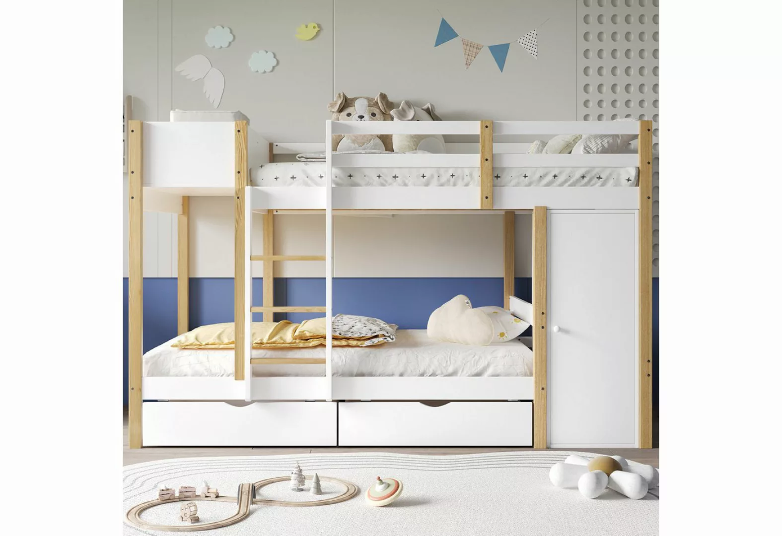 Flieks Etagenbett, Kinderbett 90x200cm mit Gaderobe, Staufächer und 2 Schub günstig online kaufen