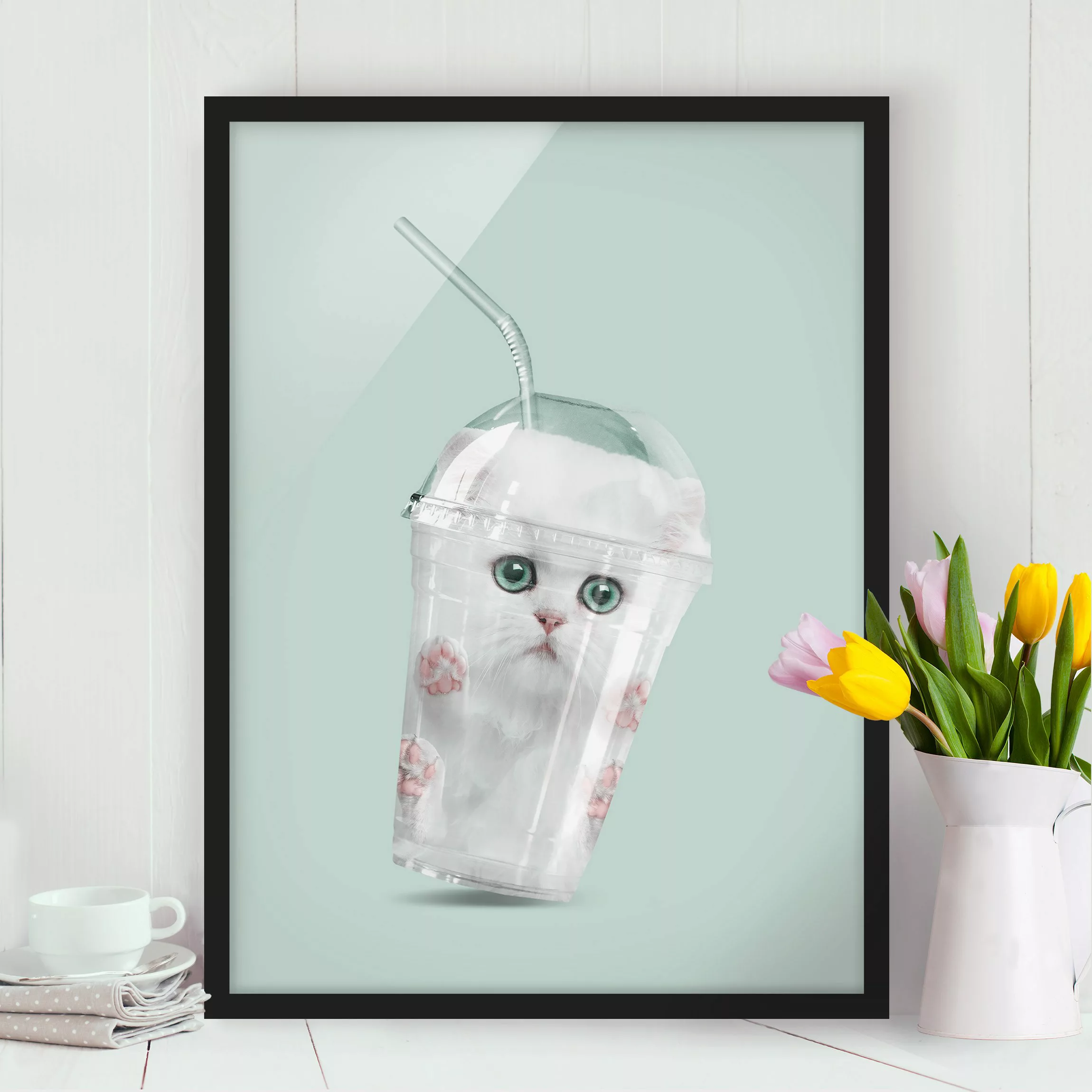 Bild mit Rahmen Küche - Hochformat Shake mit Katze günstig online kaufen