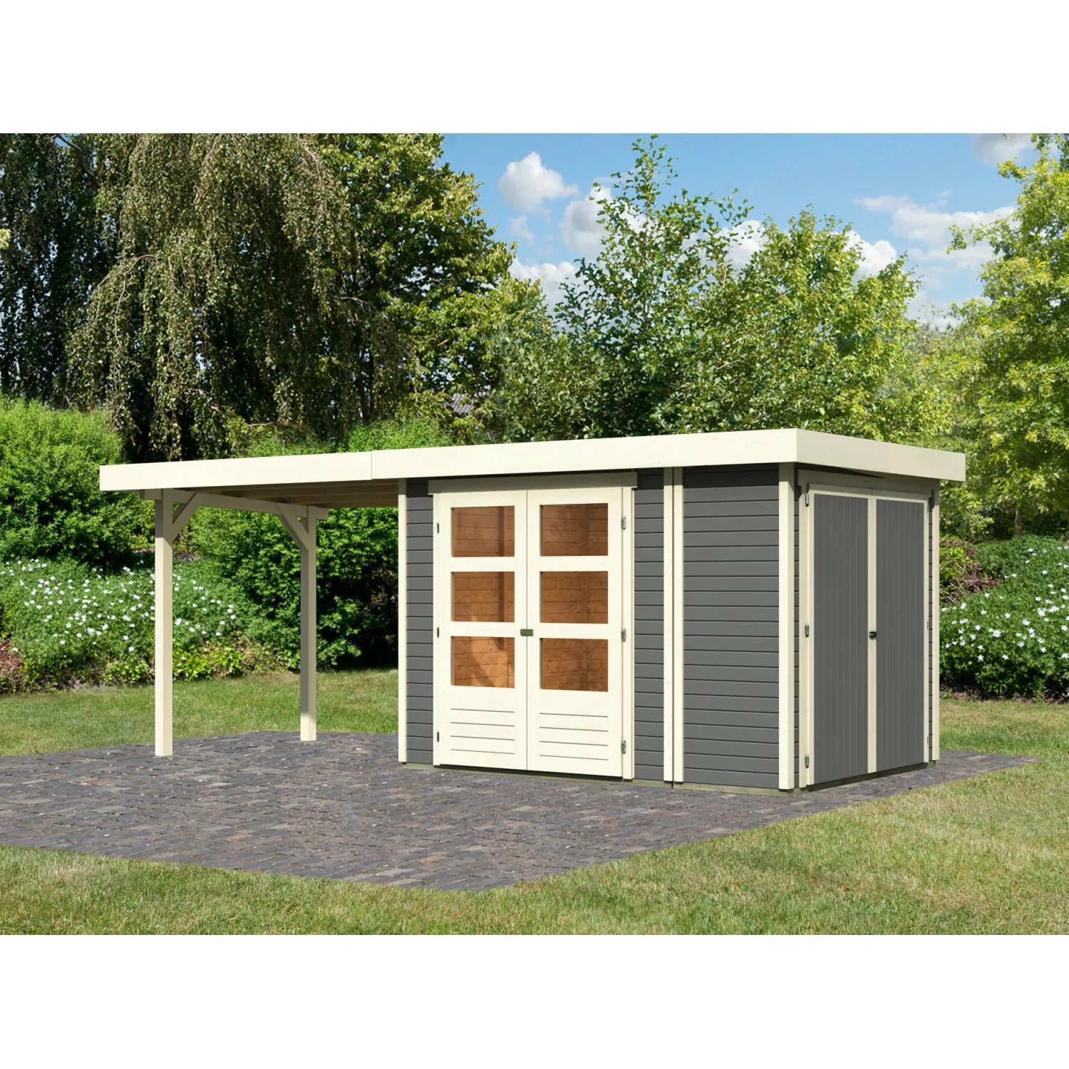 Karibu Gartenhaus/Gerätehaus Set Retola 2 Terragrau Schrank Anbaudach 280 c günstig online kaufen