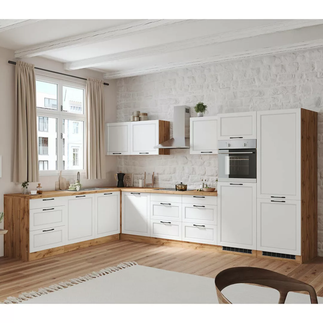 Winkelküche 360/240 cm mit E-Geräten in weiß und Eiche, Arbeitsplatte in Ei günstig online kaufen