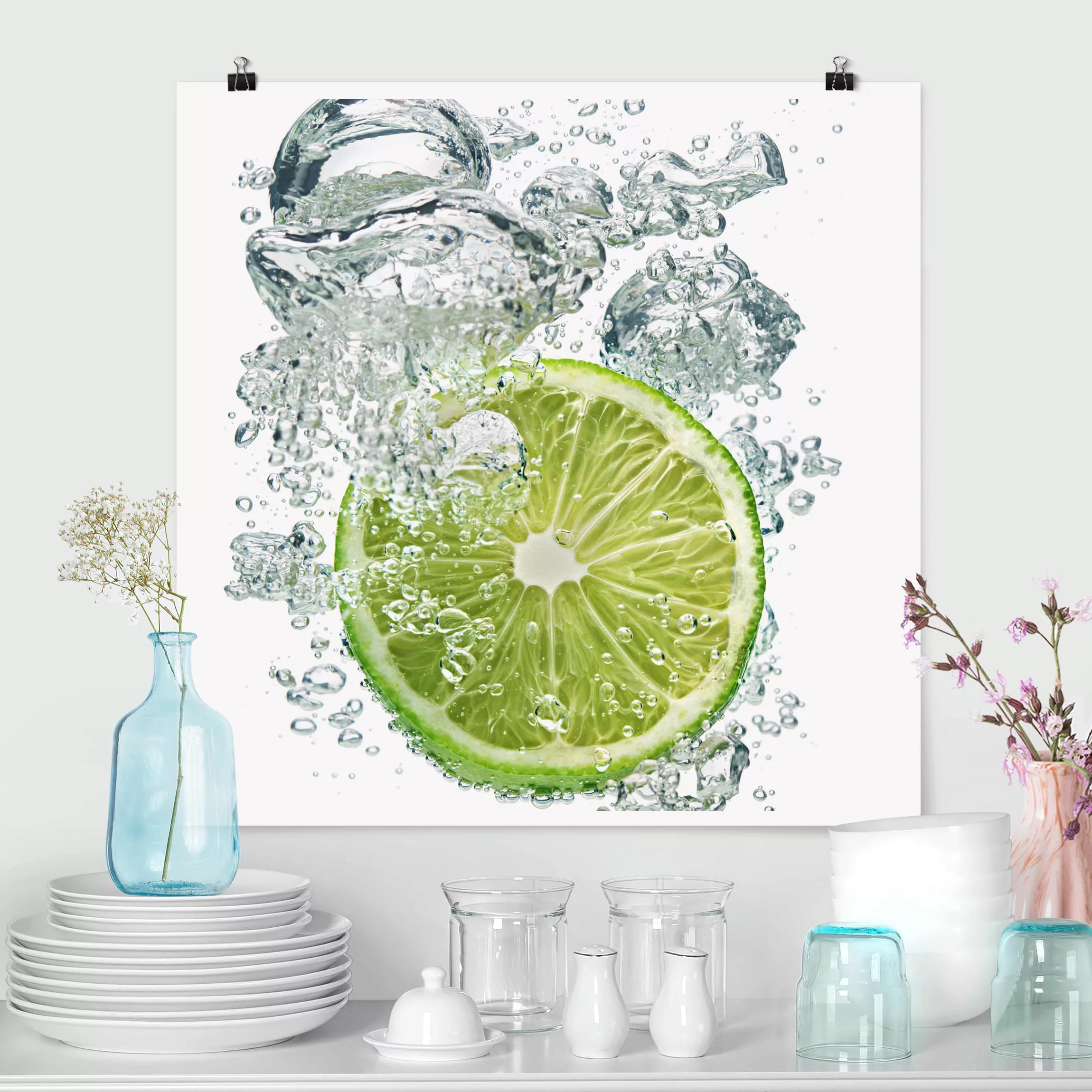Poster Küche - Quadrat Lime Bubbles günstig online kaufen