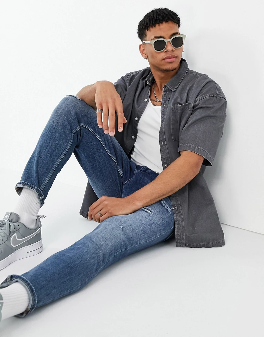 New Look – Kastiges Jeanshemd in Mittelgrau günstig online kaufen