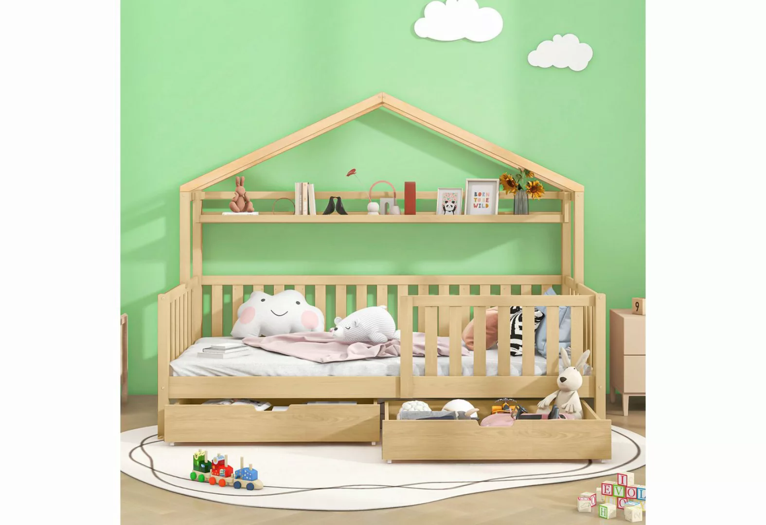 Gotagee Kinderbett Hausbett mit Schubladen Kiefernholz Einzelbett 90x200cm günstig online kaufen