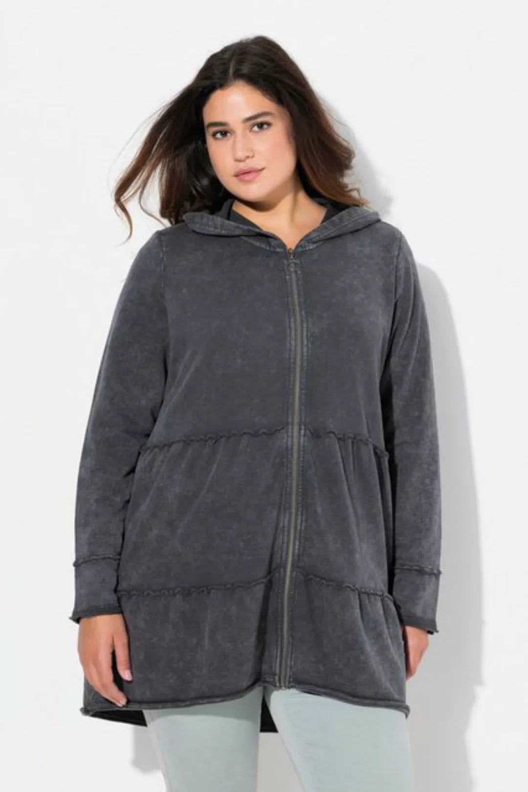 Ulla Popken Sweatjacke Long-Hoodiejacke Vintage-Look A-Linie Kapuze günstig online kaufen