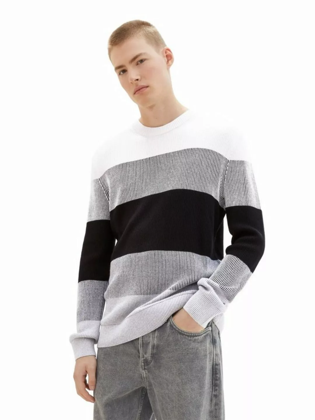 Tom Tailor Denim Herren Rundhals Pullover STRUCTURED COLORBLOCK - Regular F günstig online kaufen