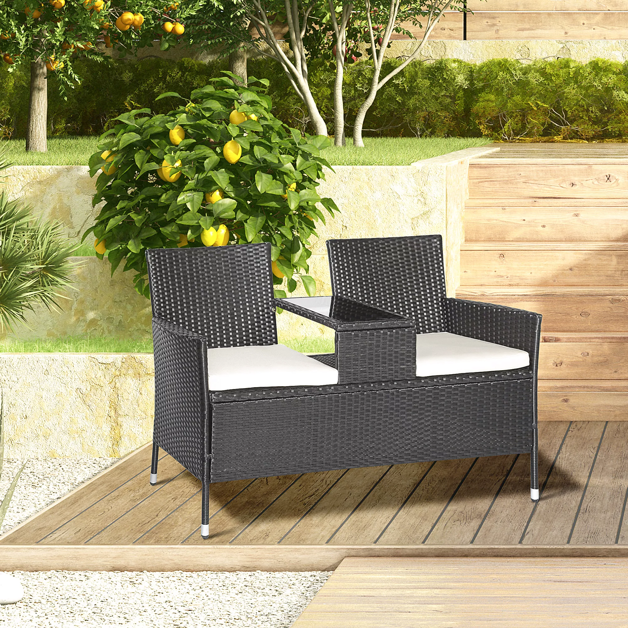 Outsunny Polyrattan Gartenbank 2-Sitzer mit Tisch, Gartensofa aus Stahl Sch günstig online kaufen