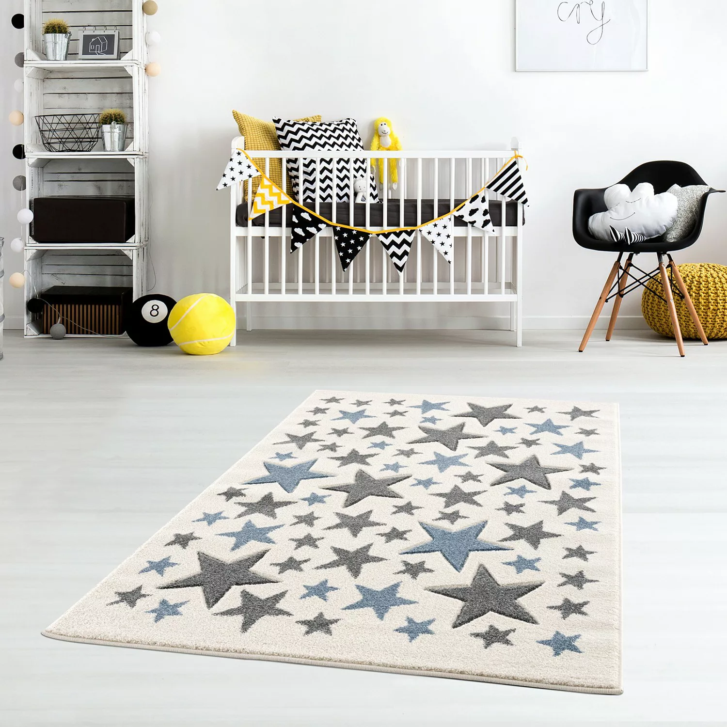 home24 Happy Rugs Kinderteppich Stella Grau/Taubenblau Stern Design Kunstfa günstig online kaufen