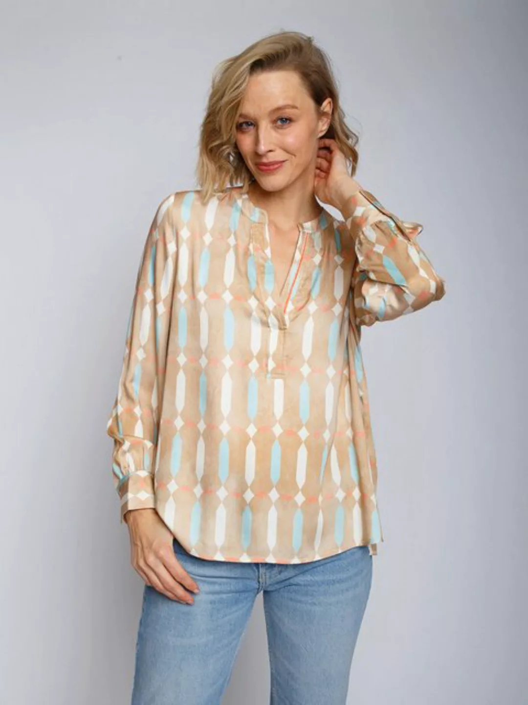 Emily Van Den Bergh Schlupfbluse Shirtbluse Sand Blau Geometric günstig online kaufen