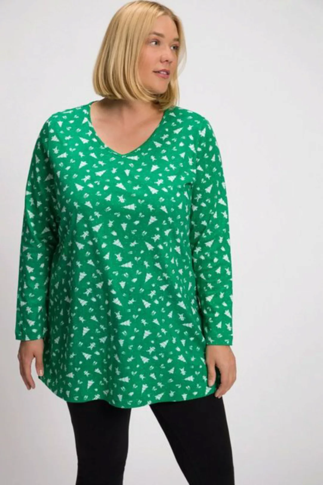 Ulla Popken Longshirt Longshirt Weihnachts Muster V-Ausschnitt Langarm günstig online kaufen