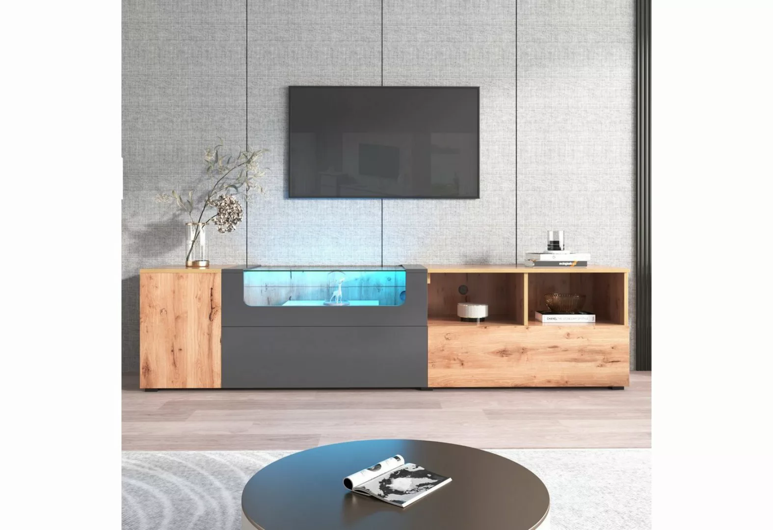 Odikalo TV-Schrank Lowboard Sideboard Lagerschrank LED Glasplatte Fächer Tü günstig online kaufen