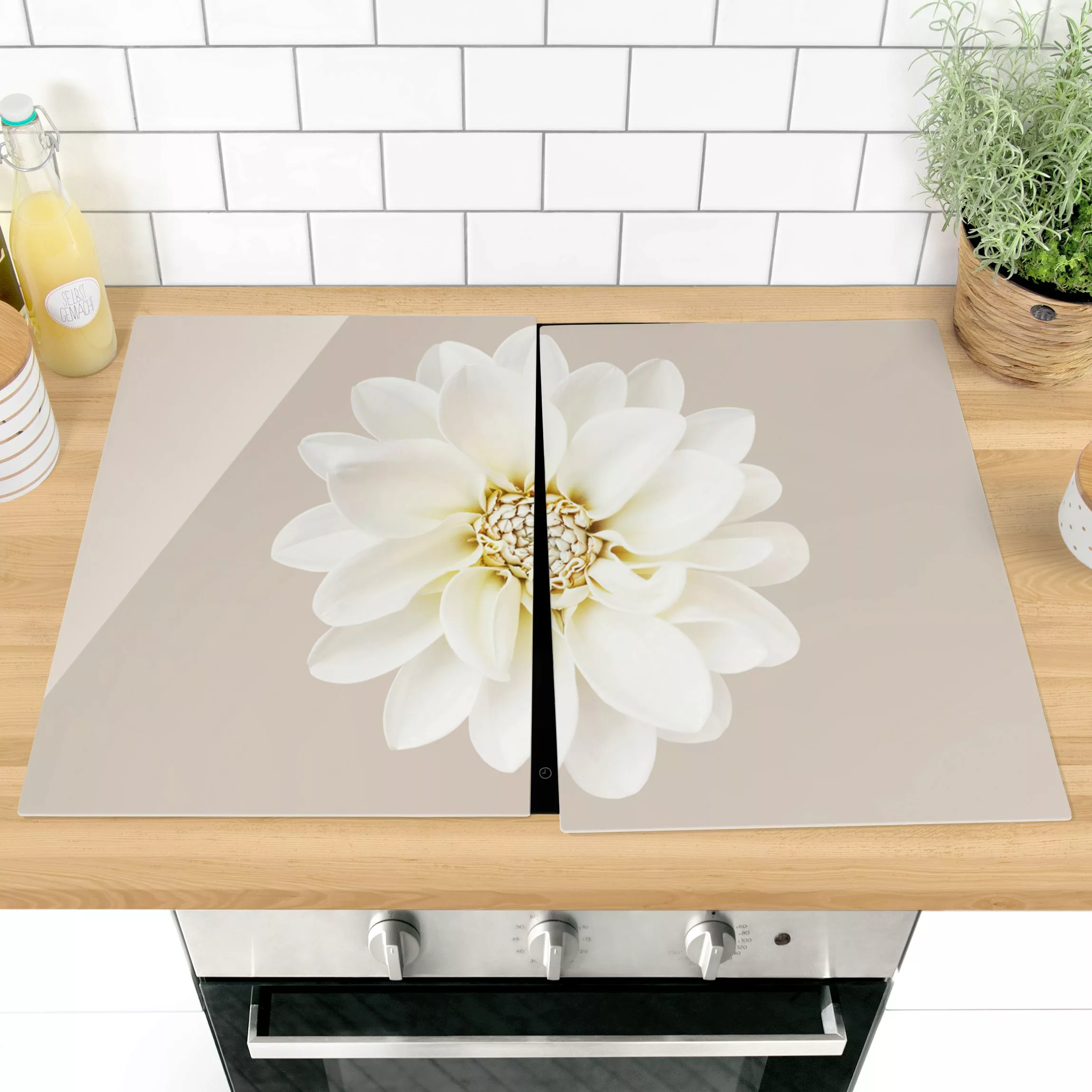 Herdabdeckplatte Blumen Dahlie Weiß Taupe Pastel Zentriert günstig online kaufen