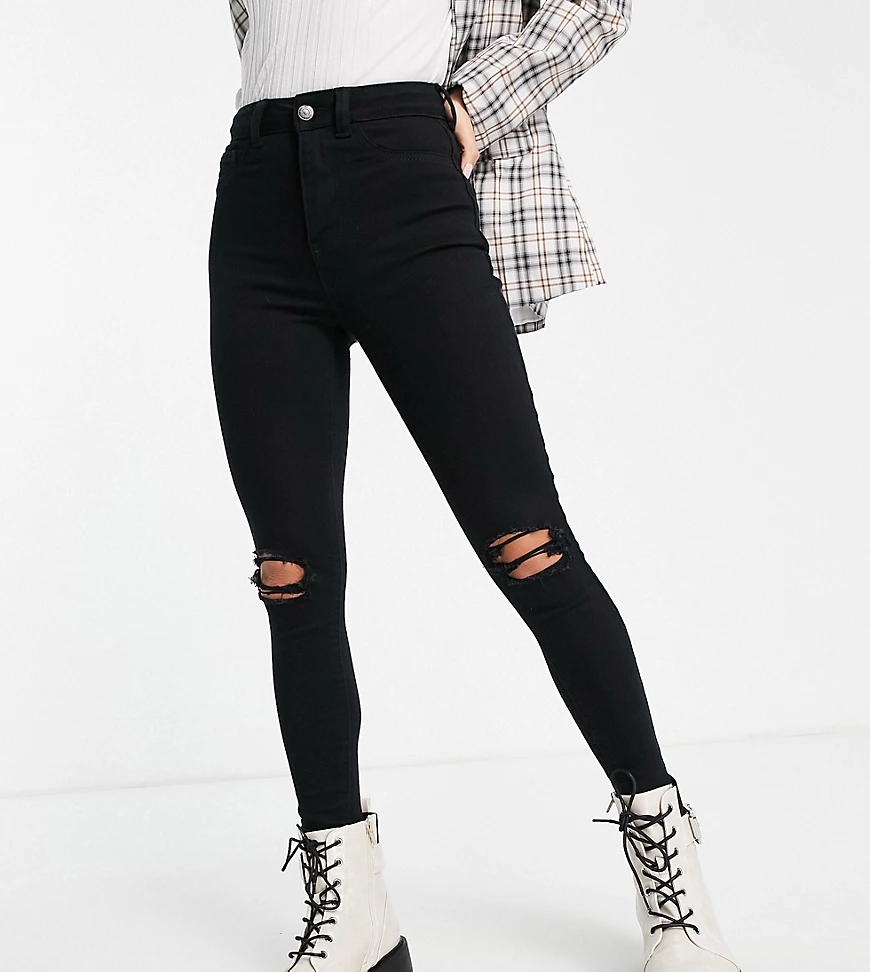 New Look Petite – Disco-Jeans mit Zierrissen in Schwarz günstig online kaufen