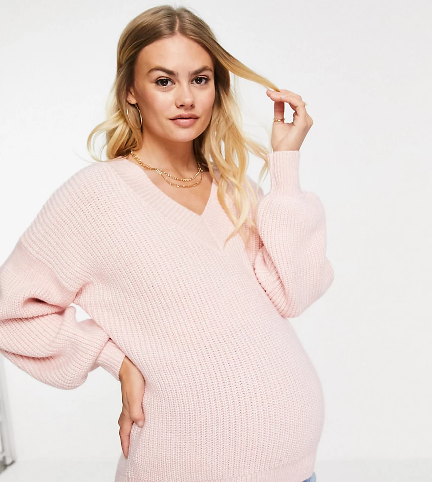 ASOS DESIGN Maternity – Flauschiger Pullover in Rosé mit V-Ausschnitt-Rosa günstig online kaufen