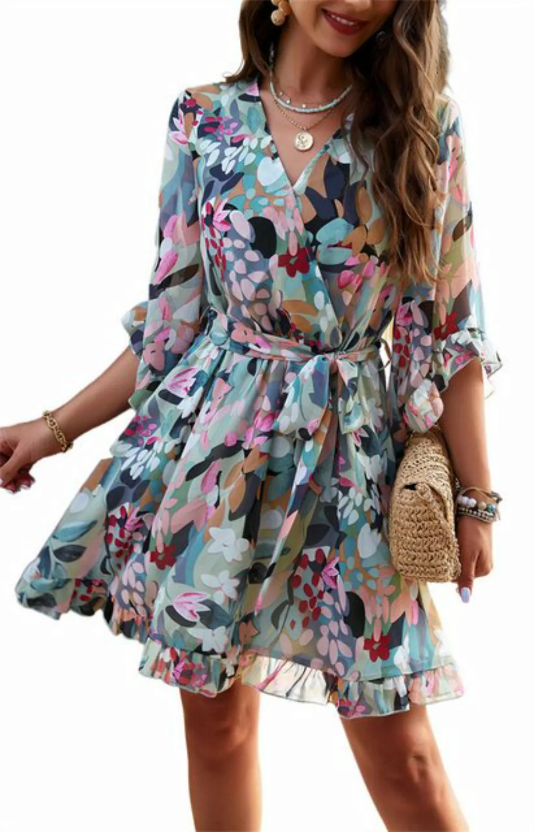 ZWY Sommerkleid Lässiges lockeres Kleid, bedrucktes Damenkleid mit V-Aussch günstig online kaufen