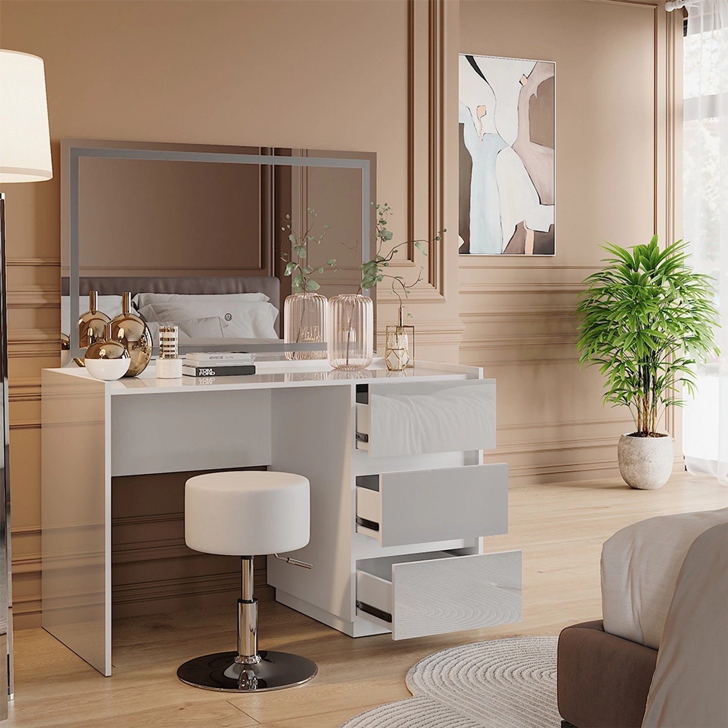 Vicco Schminktisch Marla Weiß Hochglanz 120 cm mit LED-Spiegel und Hocker günstig online kaufen