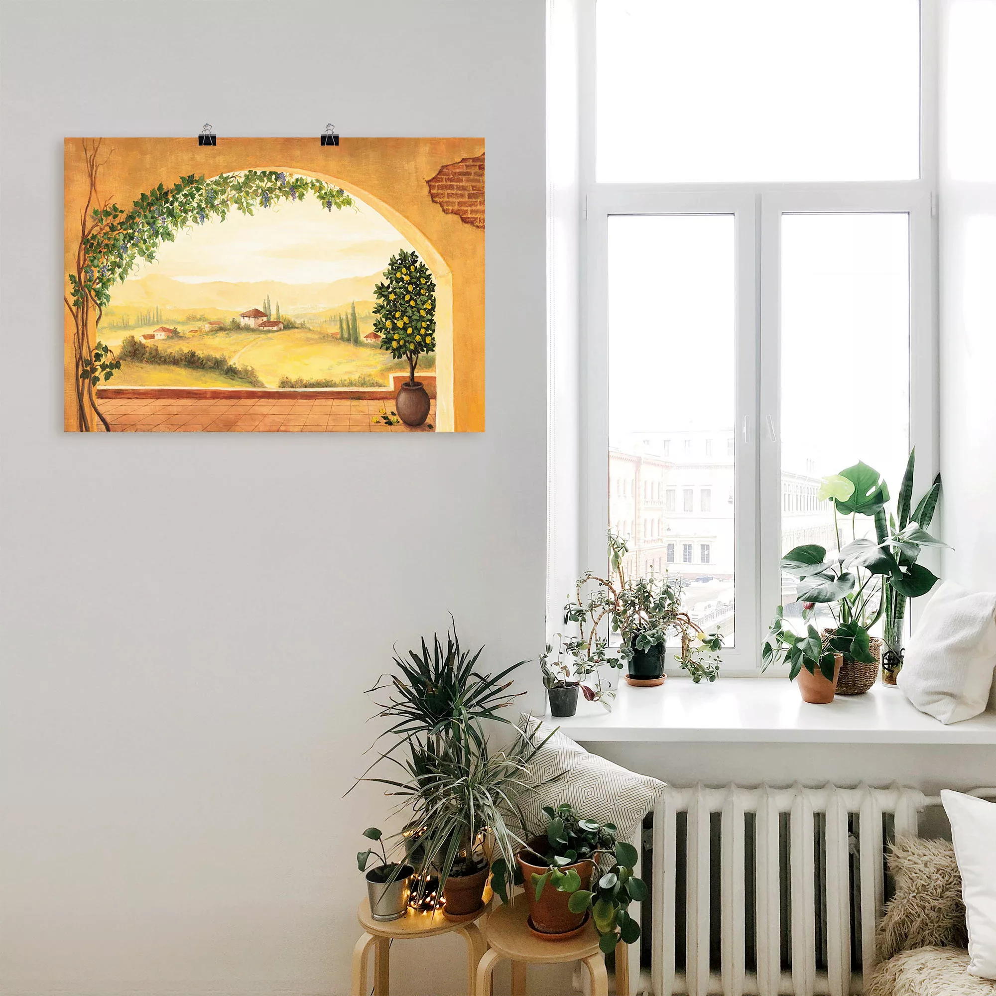 Artland Wandbild "Weinranken vor der Toskanalandschaft", Fensterblick, (1 S günstig online kaufen