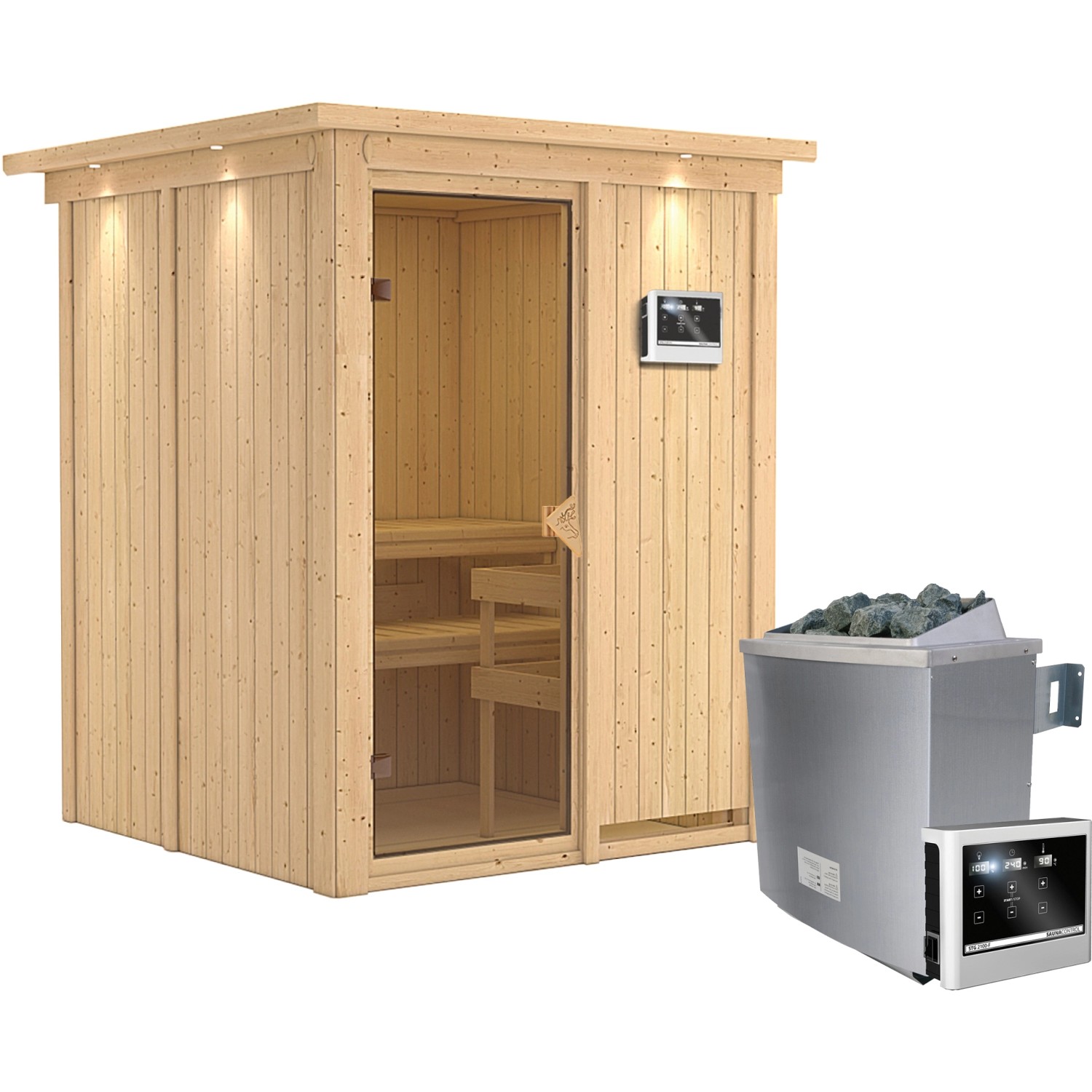 Karibu Sauna-Set Norna inkl. Edelstahl-Ofen 9 kW mit ext. Steuerung, Dachkr günstig online kaufen