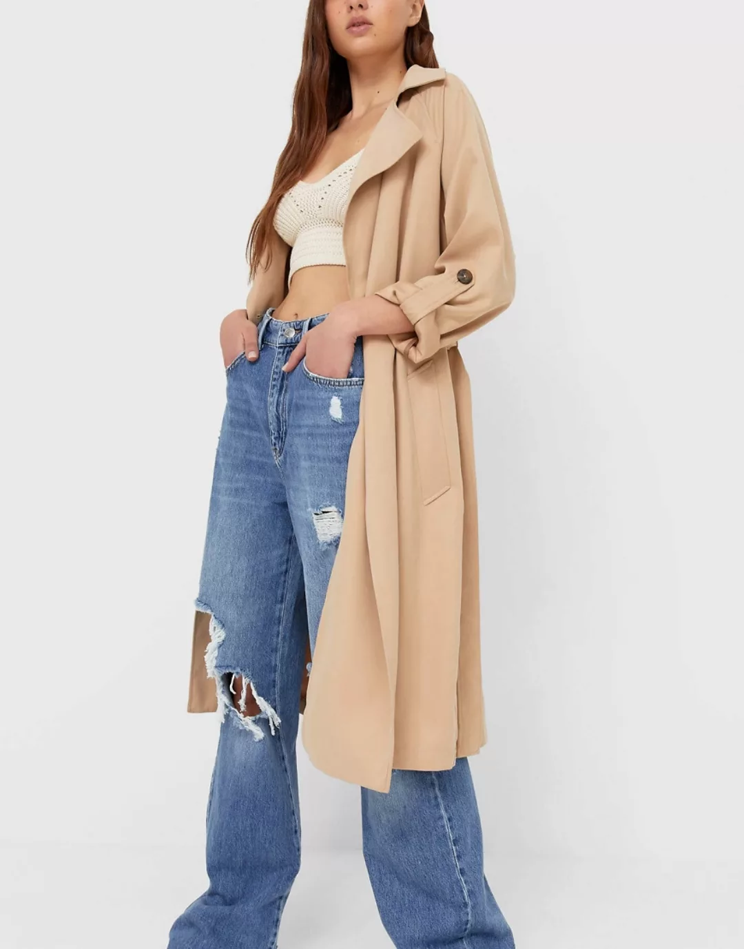 Stradivarius – Longline-Trenchcoat in Camel aus recyceltem Polyester-Neutra günstig online kaufen