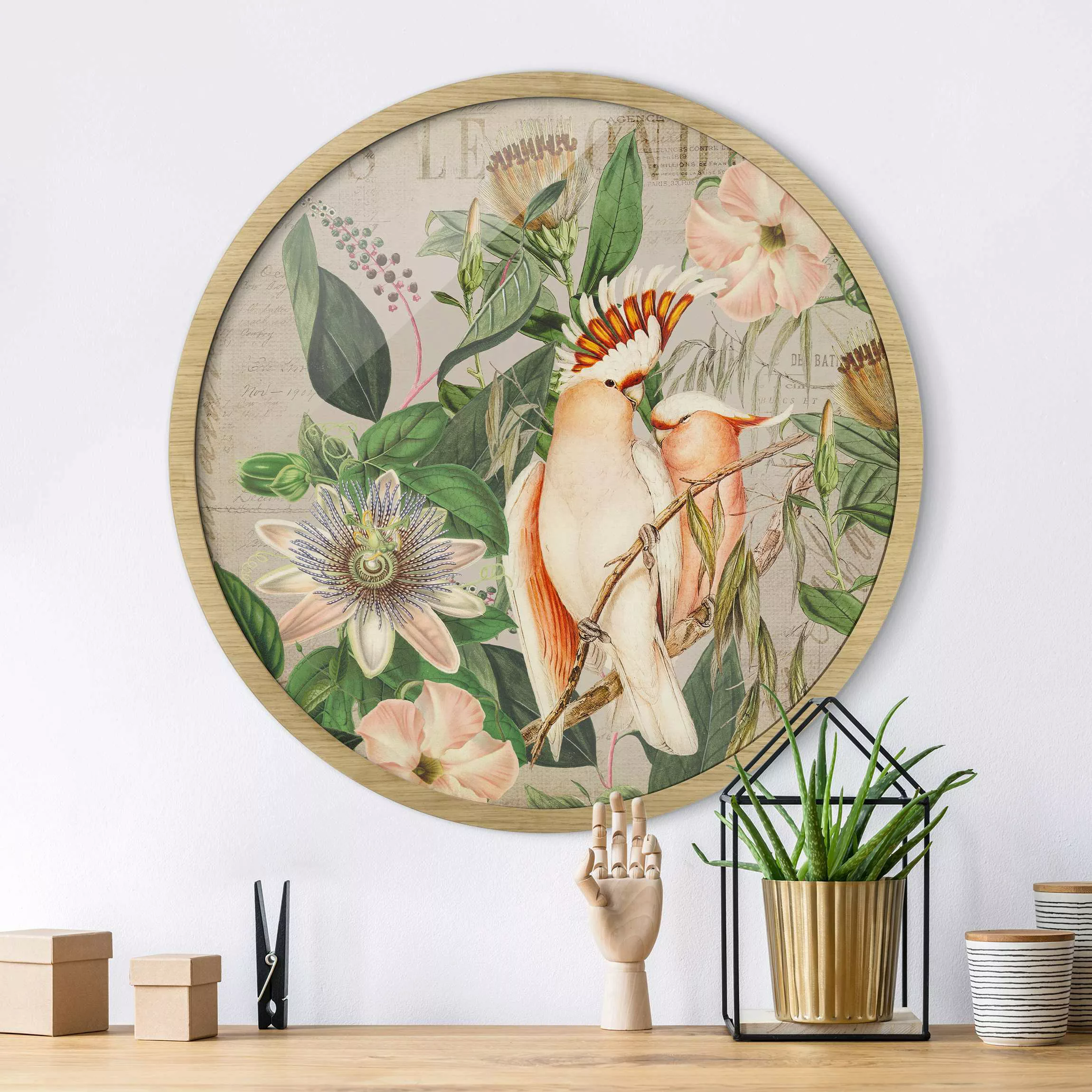 Rundes Gerahmtes Bild Colonial Style Collage - Rosa Kakadu günstig online kaufen