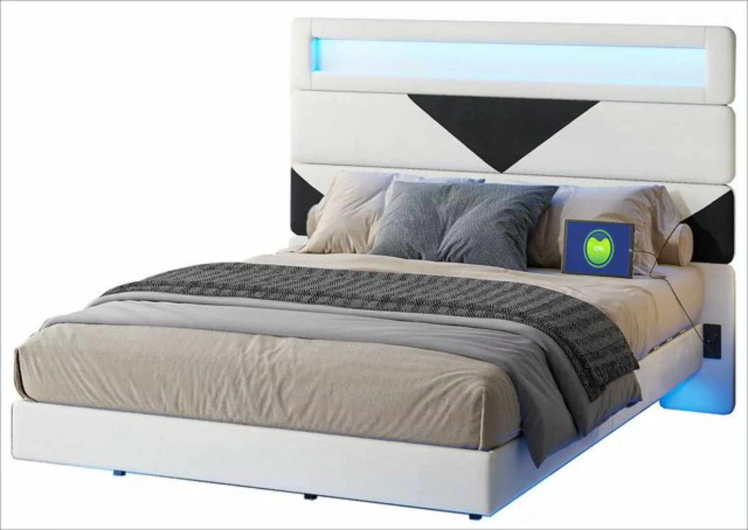 FUROKOY Polsterbett Doppelbett Hängebett mit LED-Beleuchtung und USB+Type C günstig online kaufen