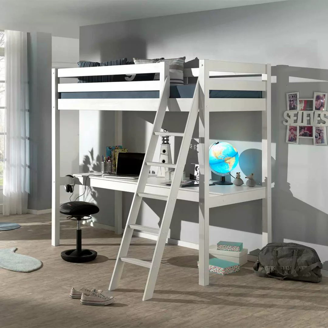 Kinderzimmer Bett aus Kiefer Massivholz Weiß Schreibtisch günstig online kaufen