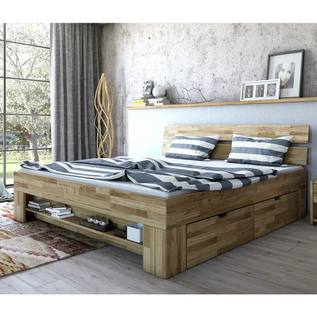 Schubkastenbett aus Wildeiche Massivholz 47 cm Einstiegshöhe günstig online kaufen