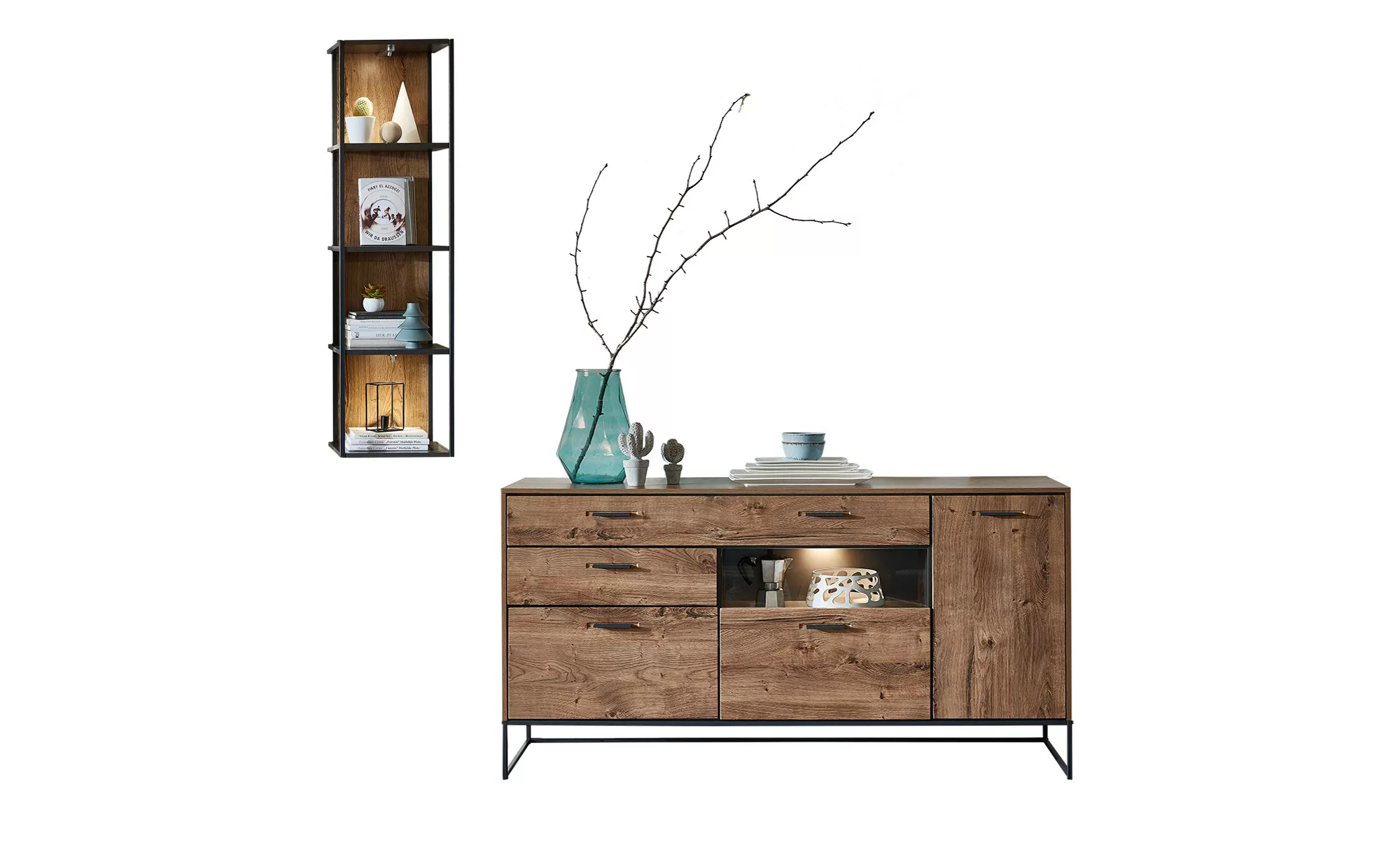 Wohnwand 2-tlg 240cm MANHATTAN von Wohn-Concept Haveleiche Cognac / Metallg günstig online kaufen