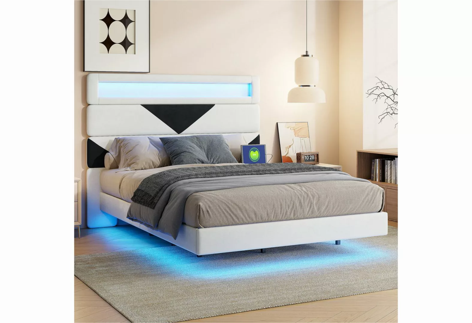 Furnishings Home Jugendbett Polsterbett Stauraumbett Doppelbett LED + USB ( günstig online kaufen