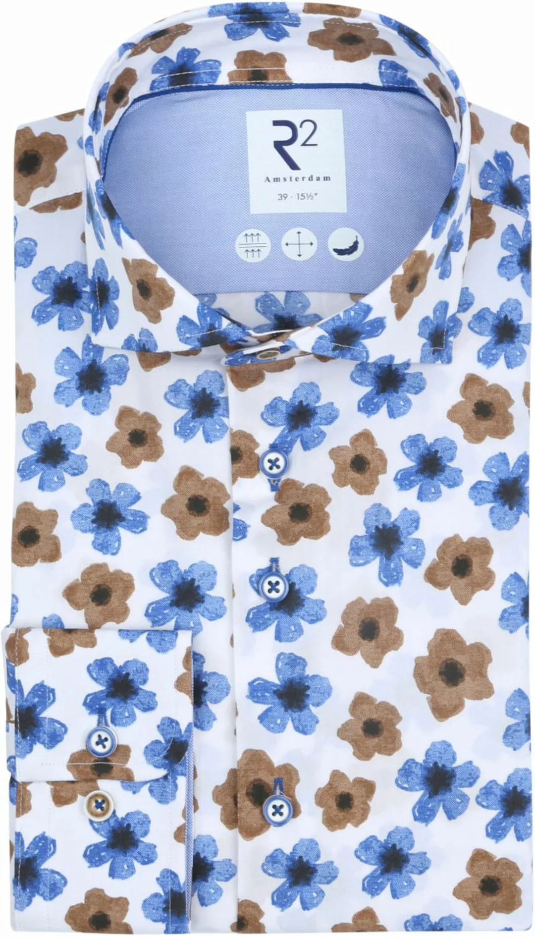 R2 Hemd Blumen Kobaltblau - Größe 44 günstig online kaufen