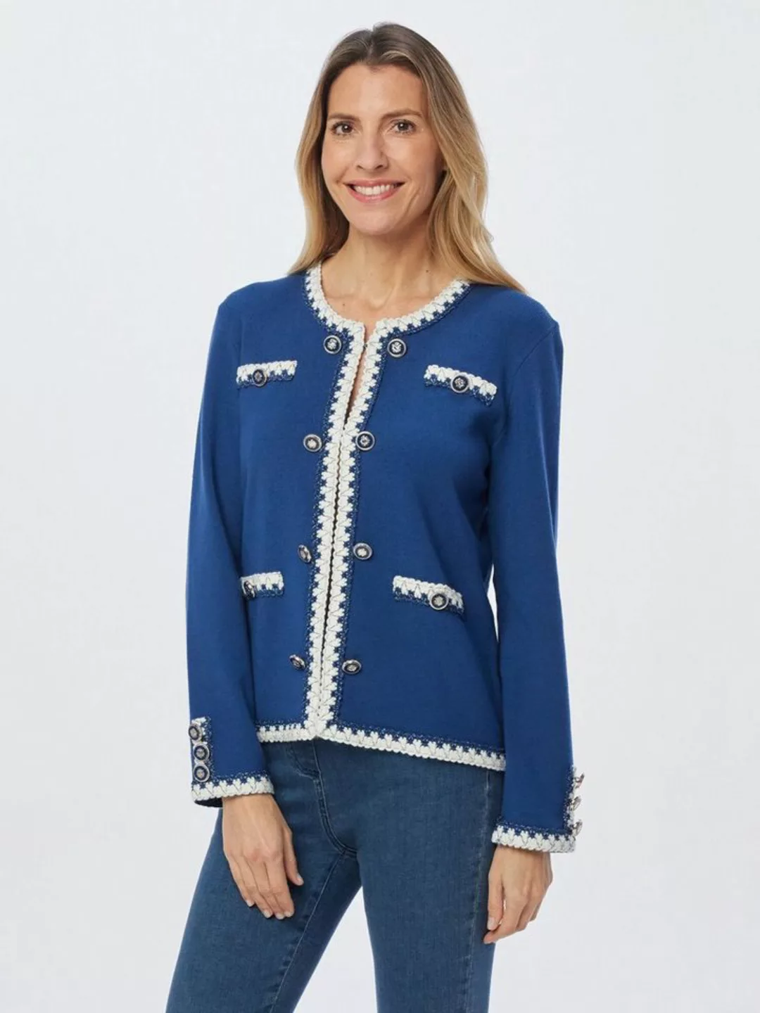 MONACO blue Strickjacke Cardigan koerpernah mit Häkeldetails günstig online kaufen