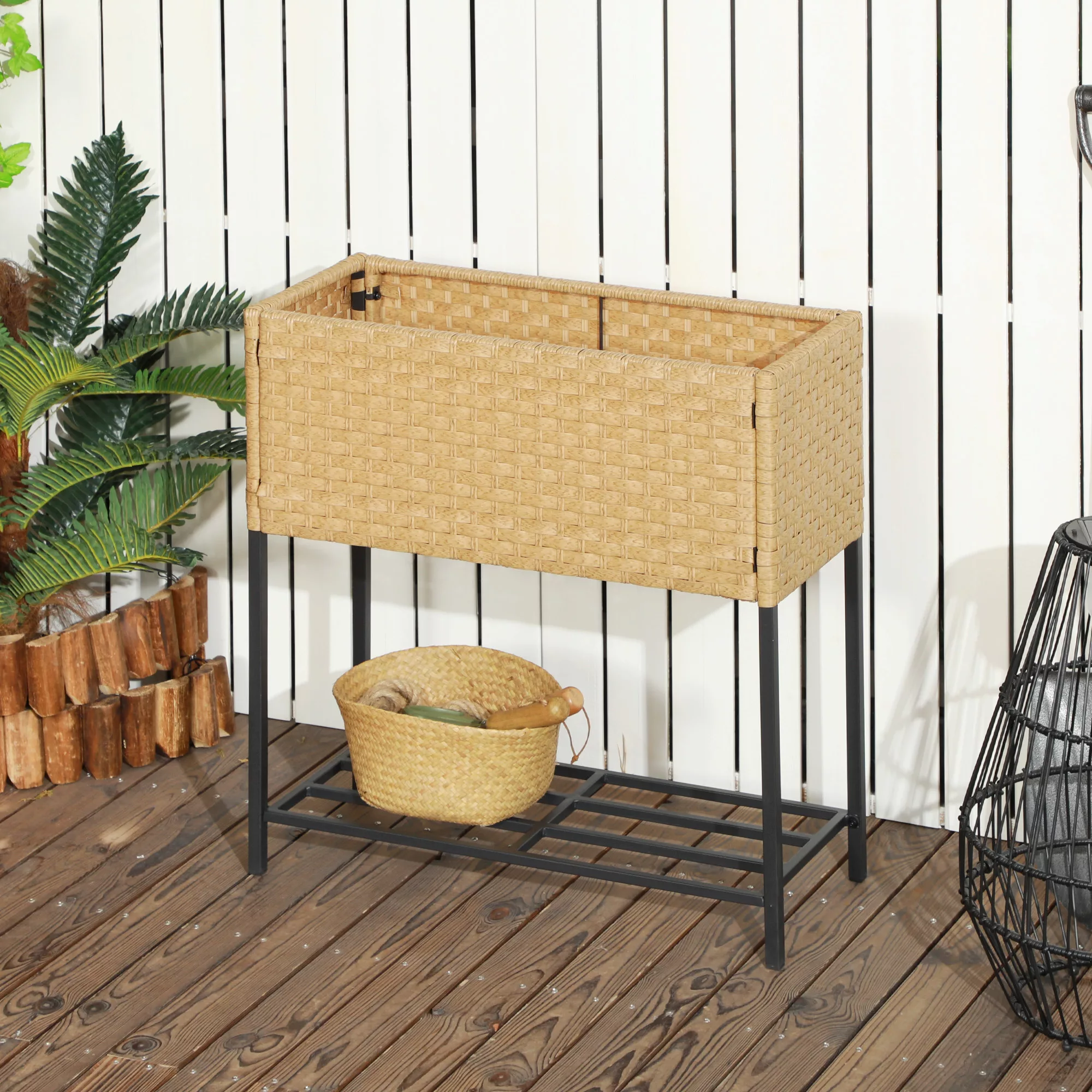 Outsunny Hochbeet aus Poly Rattan  Blumenkasten mit Füßen und Ablage, Sandf günstig online kaufen