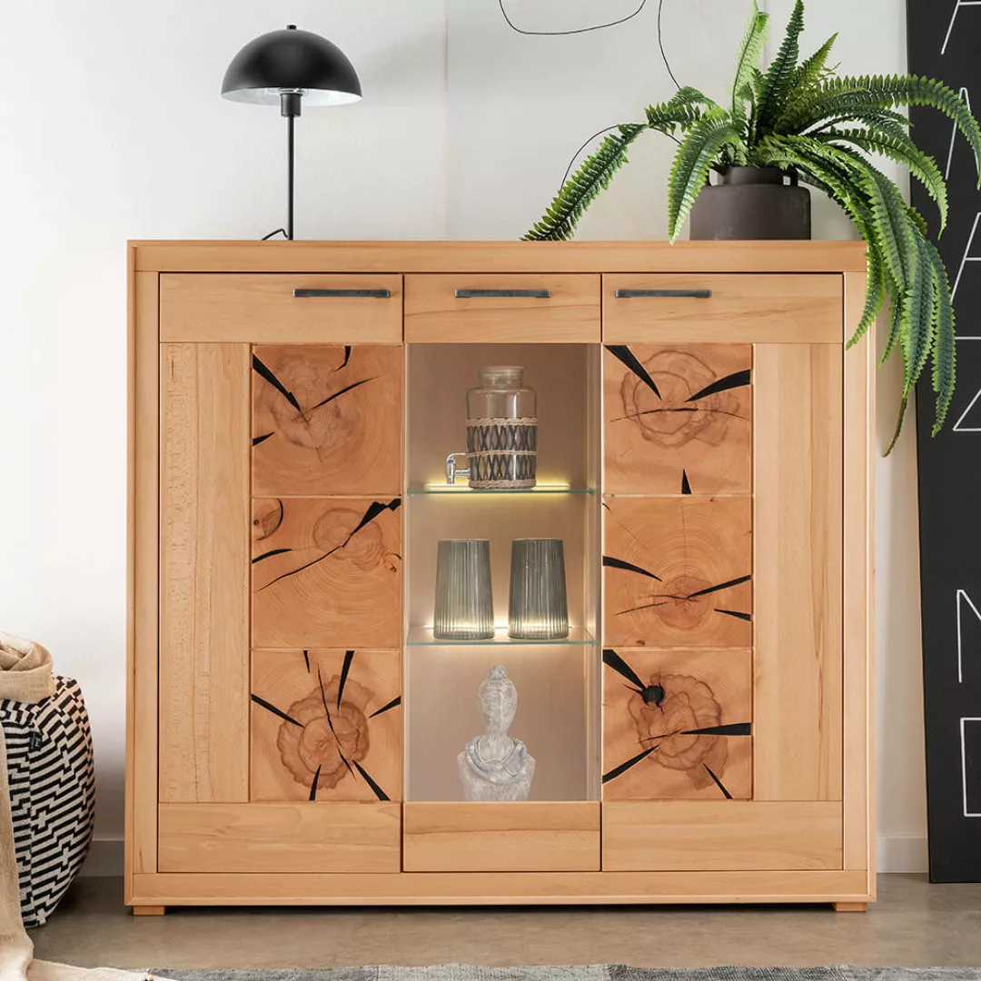 Highboard 150cm breit mit Beleuchtung, Kernbuche massiv geölt, montiert, WI günstig online kaufen