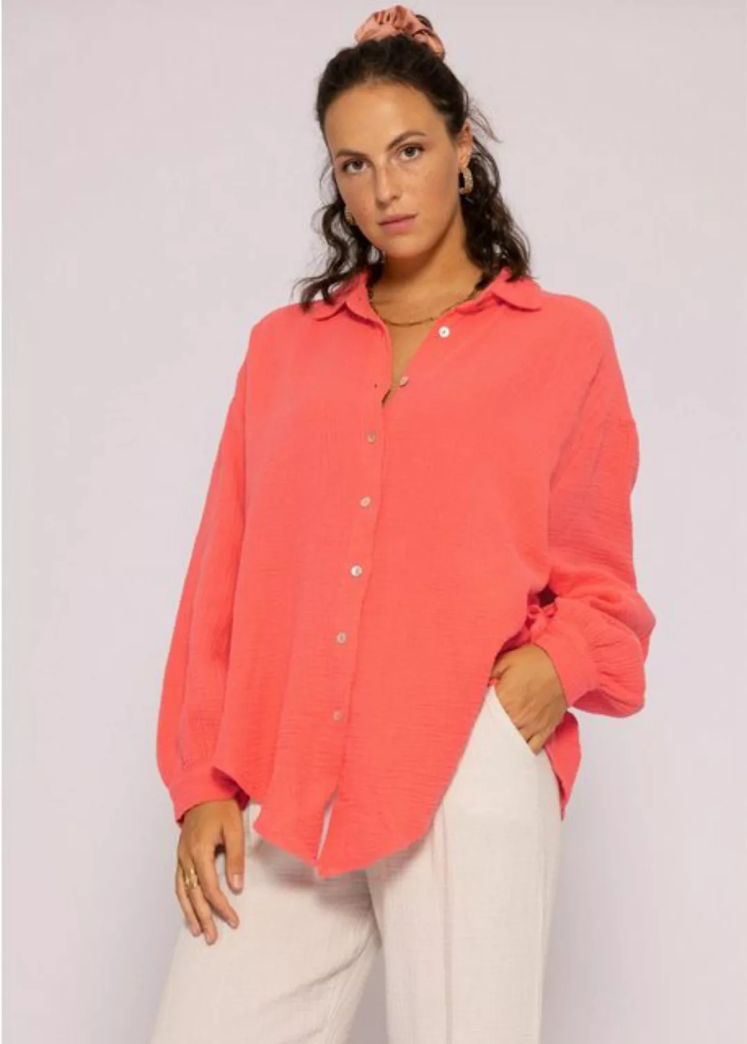 SASSYCLASSY Longbluse Oversize Musselin Bluse Damen Langarm Hemdbluse lang günstig online kaufen