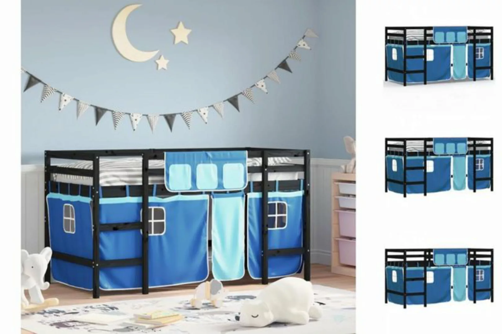 vidaXL Kinderbett Kinderhochbett mit Vorhängen Blau 90x200 cm Massivholz Ki günstig online kaufen