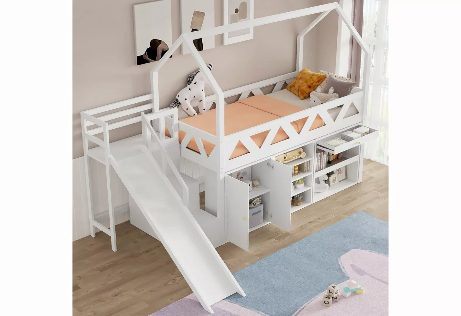 HAUSS SPLOE Kinderbett 90x200 mit Rutsche, Treppen, Schubladen und Schließf günstig online kaufen