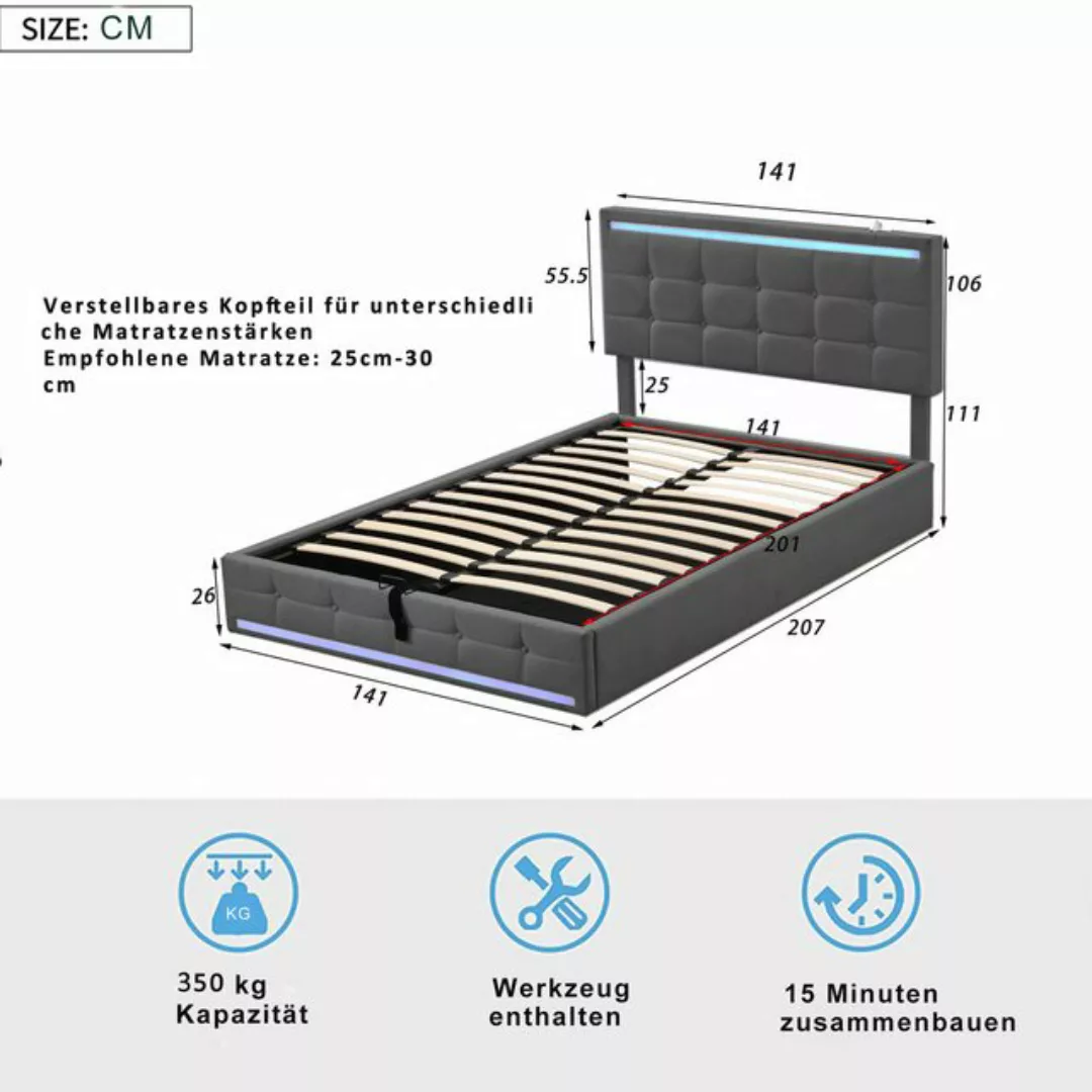 Ulife Polsterbett Doppelbett Jugendbett mit LED-Beleuchtung und 2 USB-Lades günstig online kaufen